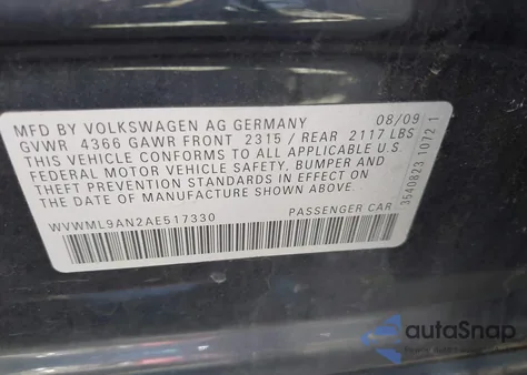 2010 Volkswagen Cc Sport z USA, uszkodzony, nr VIN WVWML9AN2AE517330